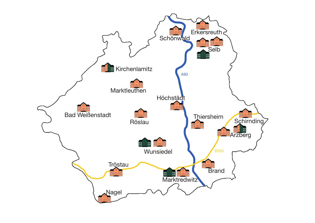 Karte des Landkreises Wunsiedel im Fichtelgebirge mit Schulhäusern für Grundschulstandorte und Mittelschulstandorte