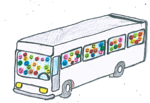 Zeichnung eines Busses mit vielen bunten Gesichtern